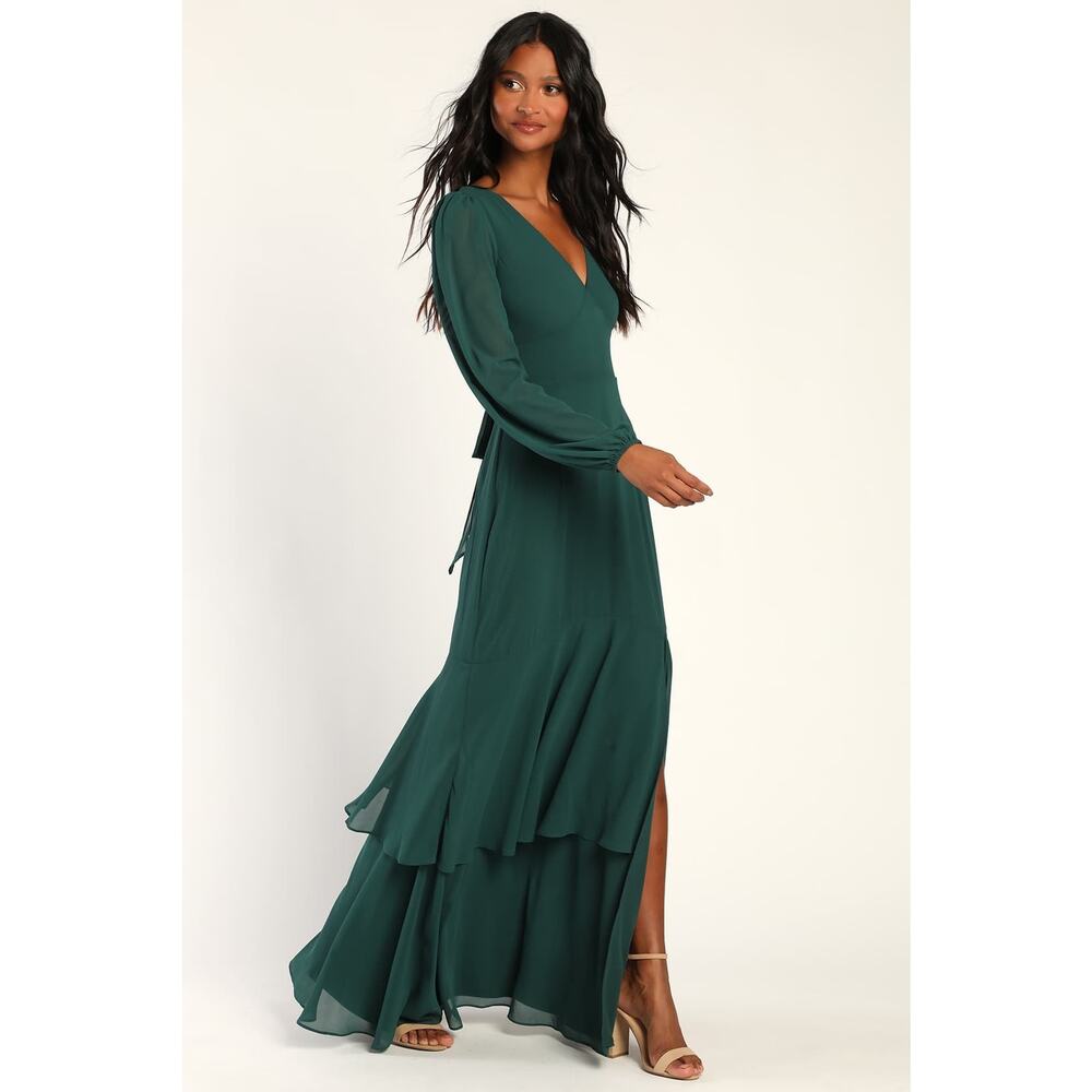 NWT Lulus Tier Elegance Long Sleeve V Neck Open Back Maxi Dress Lined L Green